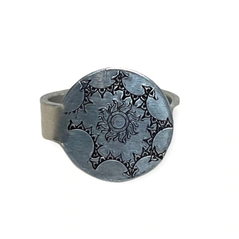 Handmade 9 stamped celestial sun silver adjustable hypoallergenic medallion ring